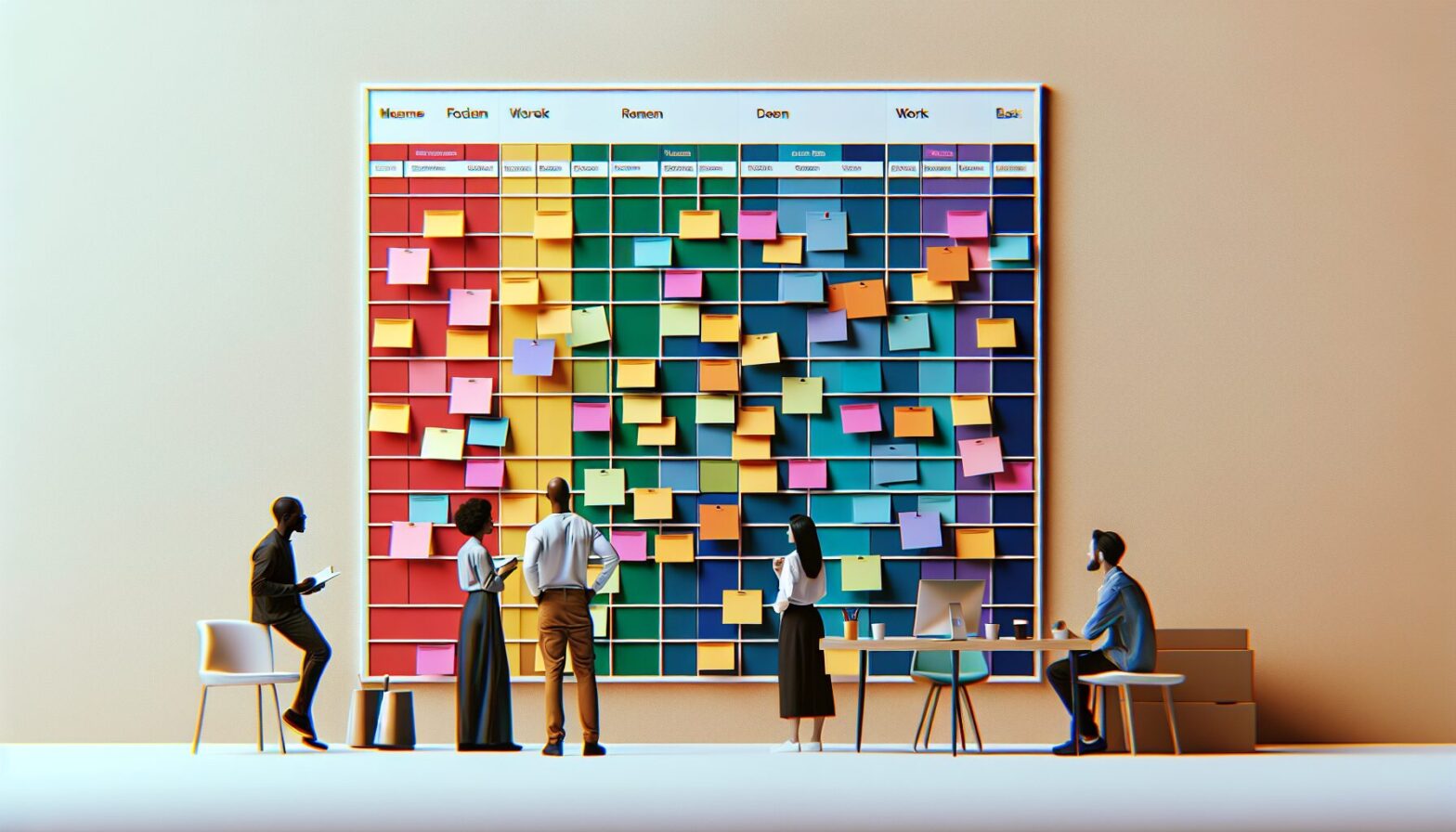 A high-resolution image showing a colourful wall-mounted T-card board in a modern office or factory setting, with various coloured cards neatly organised representing tasks and schedules; workers are engaged around it discussing workflow.