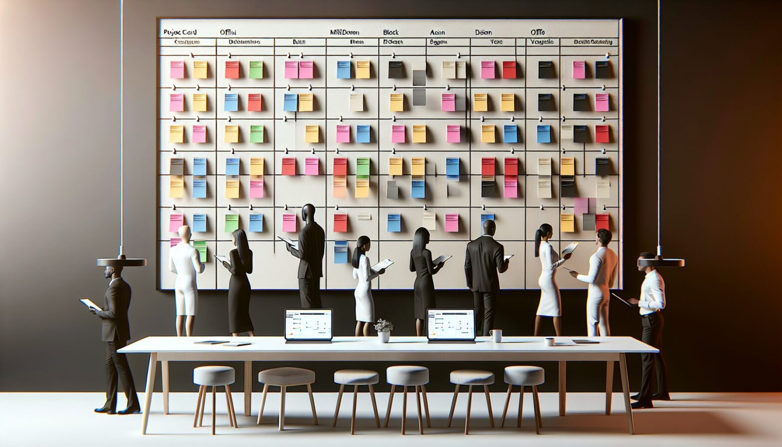 A modern office scene showing a large wall-mounted board filled with colourful T-cards arranged in columns representing project stages, with team members collaboratively updating cards. Nearby, a tablet displays a digital version of the same T-card board.
