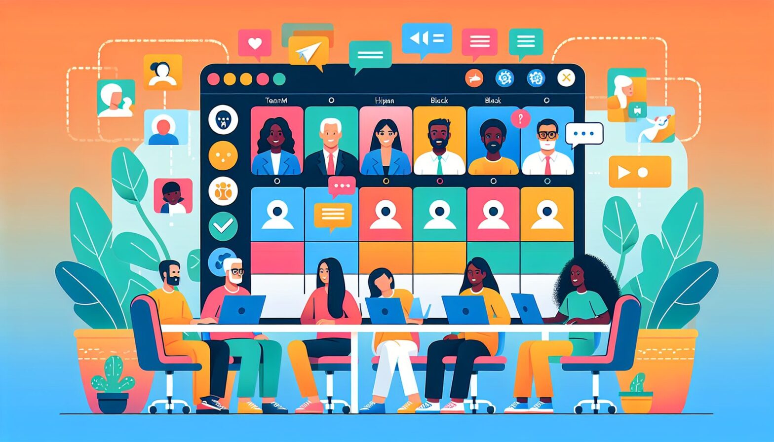 A vibrant digital workspace showing a colourful virtual Kanban board with team avatars engaging through comments and icons representing badges or rewards; the background features diverse team members participating in a lively video call with visual brainstorming tools displayed on screen.