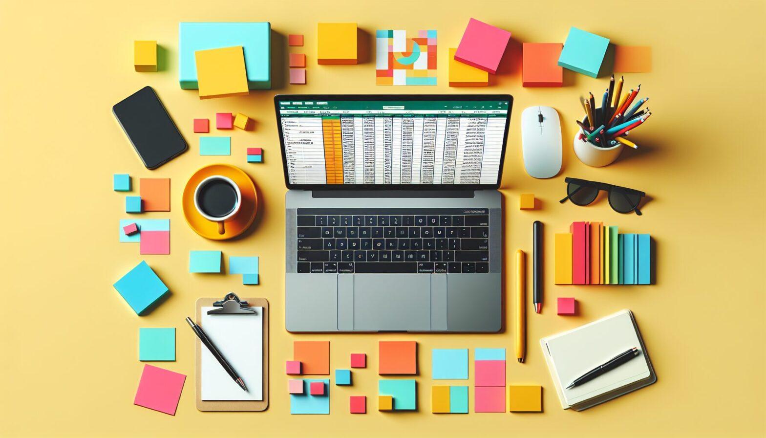 A vibrant workspace photo showing a laptop screen filled with colourful spreadsheet dashboards, surrounded by notes and coffee cups, capturing the dynamic yet organised nature of planning with spreadsheets.