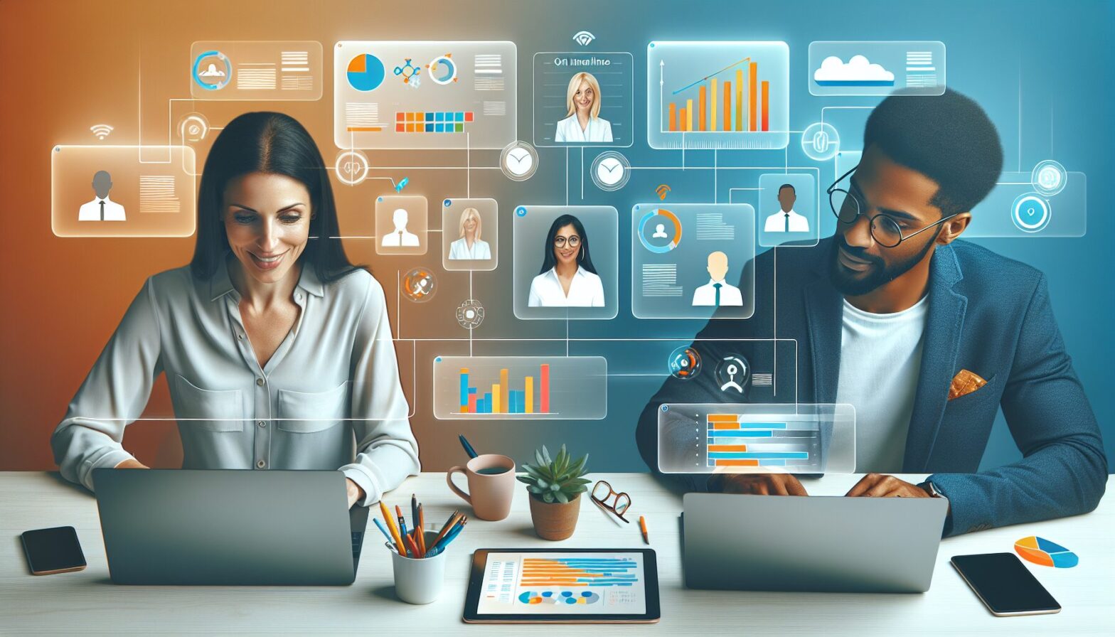 A diverse group of professionals collaborating virtually via laptops and tablets, with an overlay of colourful project timelines and task boards floating on the screen, symbolising real-time online team planning.