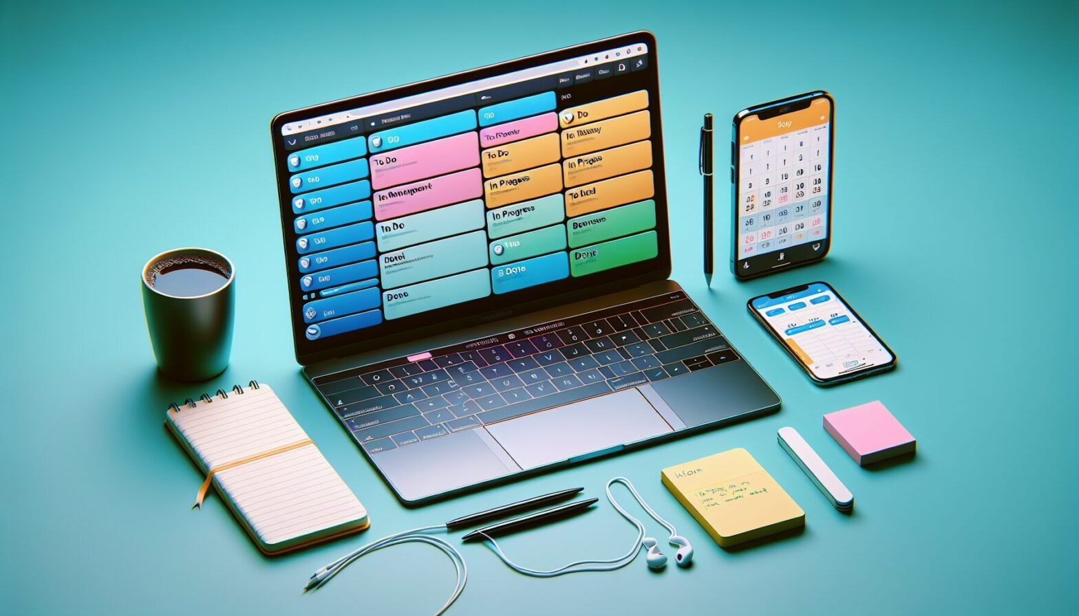 A modern digital workspace featuring a colourful online Kanban board displayed on a laptop screen with columns labelled 'To Do', 'In Progress', and 'Done'. Around the laptop are productivity tools like a notebook, smartphone showing calendar alerts, and a cup of coffee, symbolising an organised yet approachable work environment.