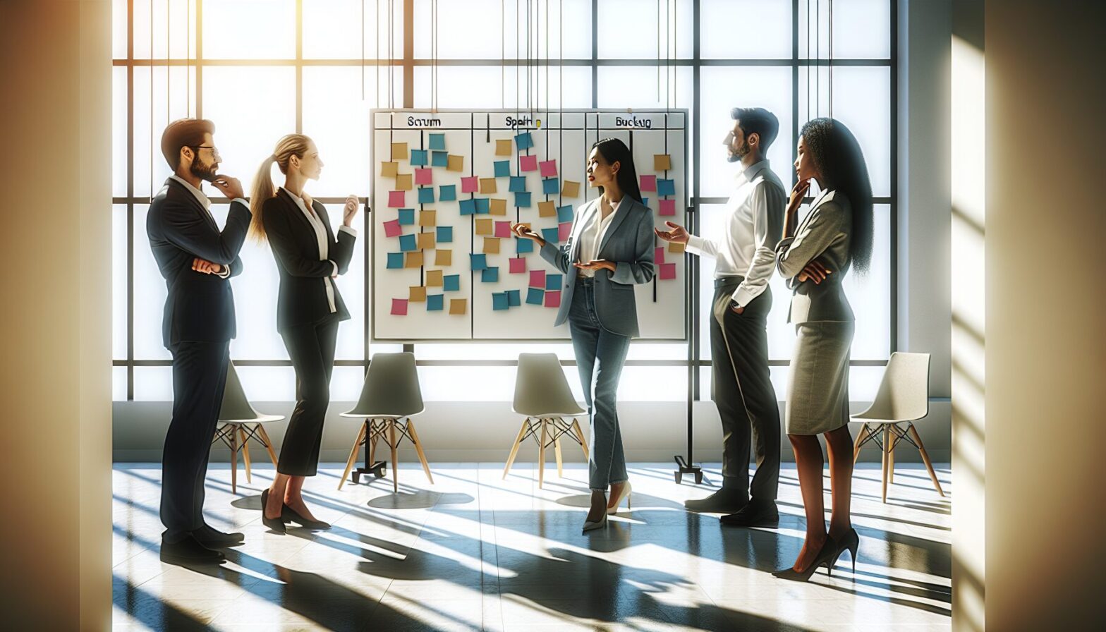 A diverse team of professionals gathered around a whiteboard covered with colourful sticky notes representing a Scrum sprint backlog; one person is speaking animatedly while others listen attentively in a bright office space filled with natural light.