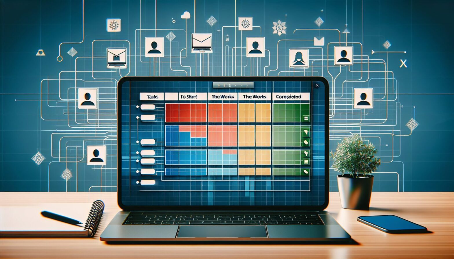 A screenshot of a vibrant online T-card board interface displayed on a laptop screen, showing colourful task cards organised into columns like 'To Do,' 'In Progress,' and 'Completed,' with team members collaborating remotely via video call thumbnails visible on the side.