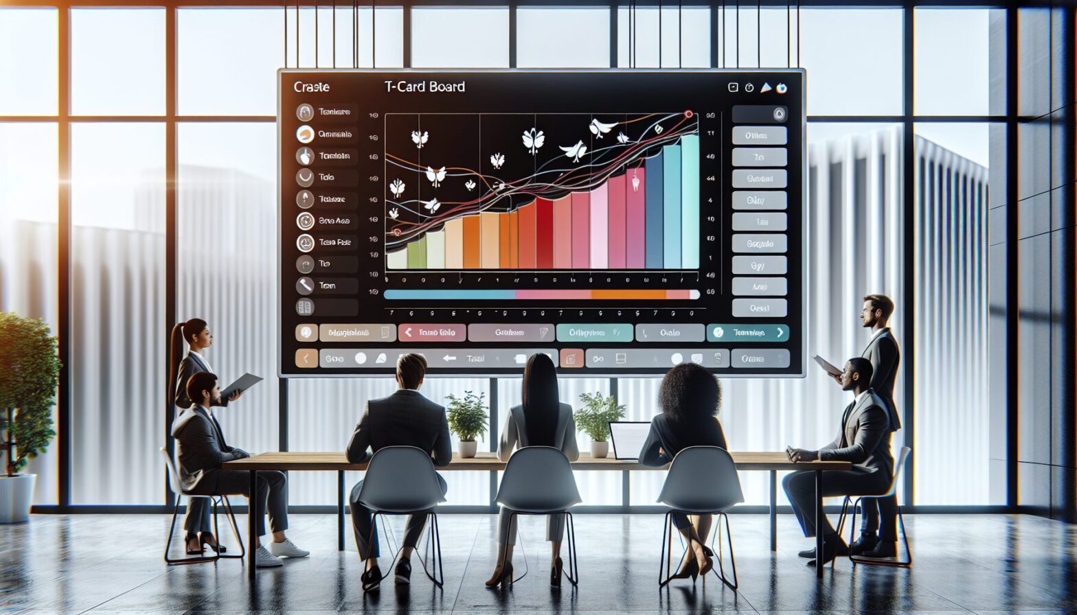 An image showing a modern office environment where team members interact with a large digital screen displaying an online T-card board. The interface is colourful but clean, highlighting tasks moving across stages. Team members appear engaged and collaborative, illustrating ease of use and teamwork.