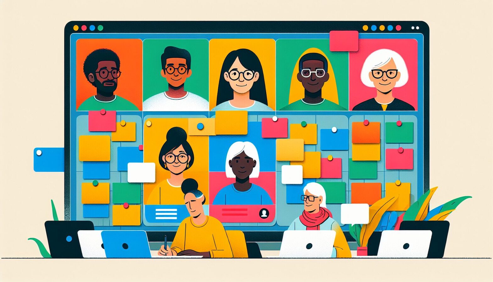 A vibrant digital workspace showing colourful T-cards arranged on a virtual board with people collaborating online via video chat, highlighting community interaction and visual task management.