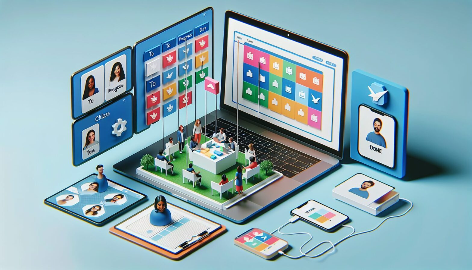 A modern digital Scrum board displayed on a laptop screen with colourful task cards arranged in columns labelled To Do, In Progress, and Done. Around the laptop, diverse team members are collaborating via video call on their devices, illustrating remote teamwork.