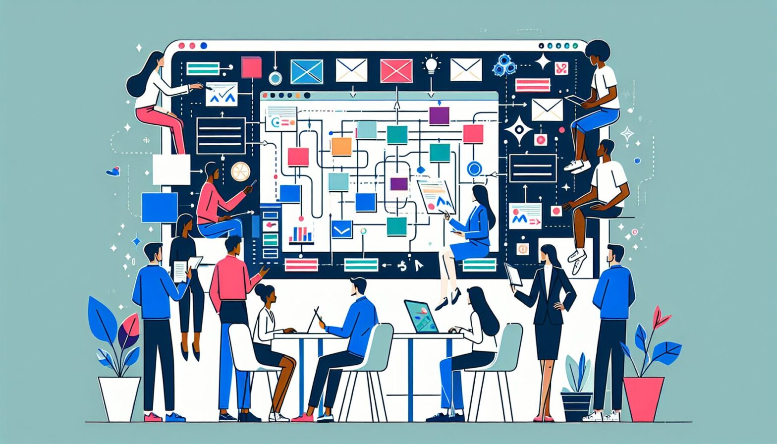 A vibrant image showing a diverse team of professionals collaborating around a large digital screen displaying an online planning board filled with colourful cards and timelines, symbolising global teamwork and innovation.
