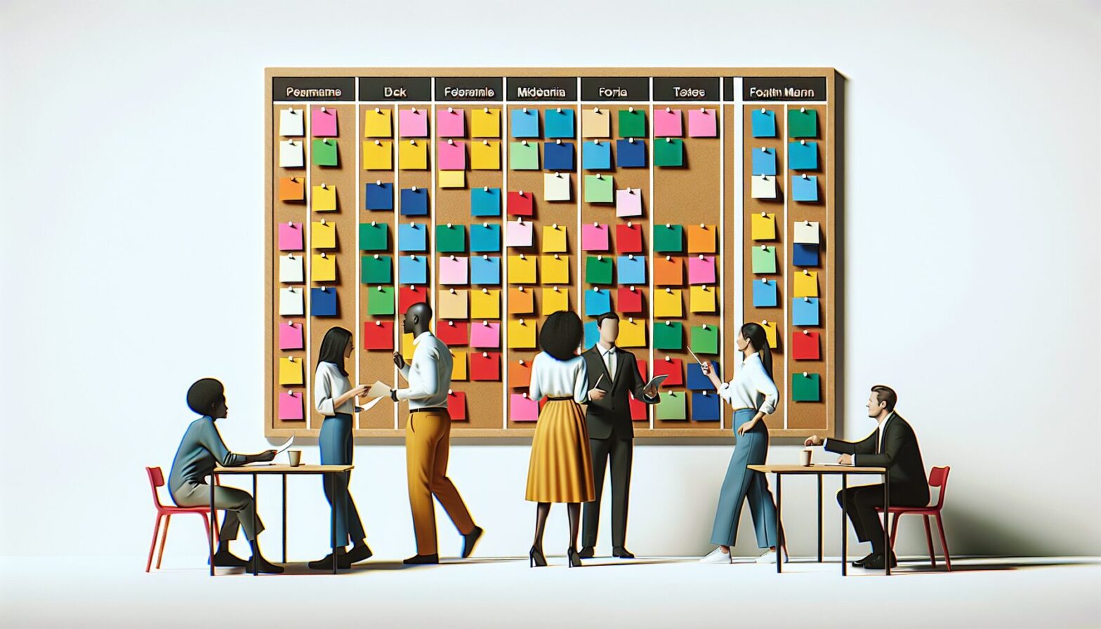 A vibrant office scene showing a large T-Card board with colourful cards arranged neatly; team members are actively engaged around it, discussing schedules and tasks, highlighting collaboration in a modern workplace.