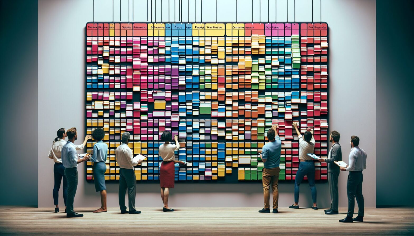 A photograph showing a brightly coloured T-Card rack mounted on a wall in a busy workshop or office environment, with cards neatly arranged in chronological order. The image captures team members interacting with the cards, highlighting the tactile and collaborative nature of the system.