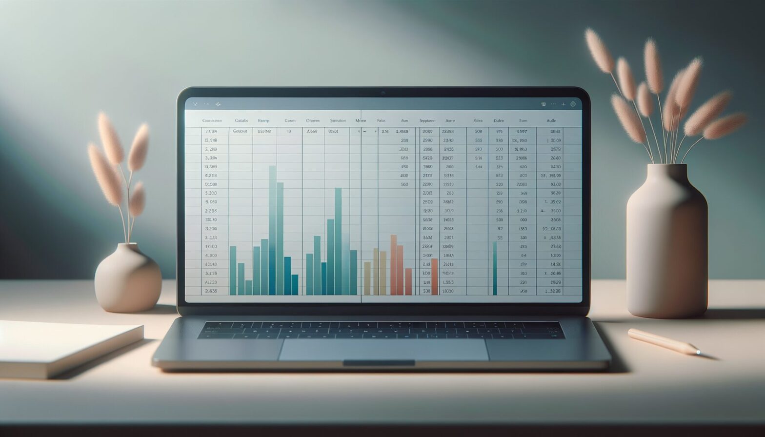 A minimalist image of a clean spreadsheet on a laptop screen showing colour-coded cells, simple bar charts, and neatly arranged columns under soft natural lighting.