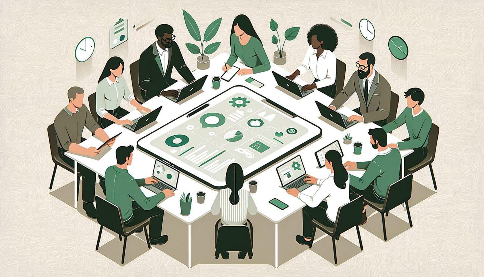 A clean, minimalist illustration showing diverse team members collaborating via laptops and tablets around a virtual project board with green leaf icons subtly integrated into the interface, symbolising eco-friendly digital teamwork.