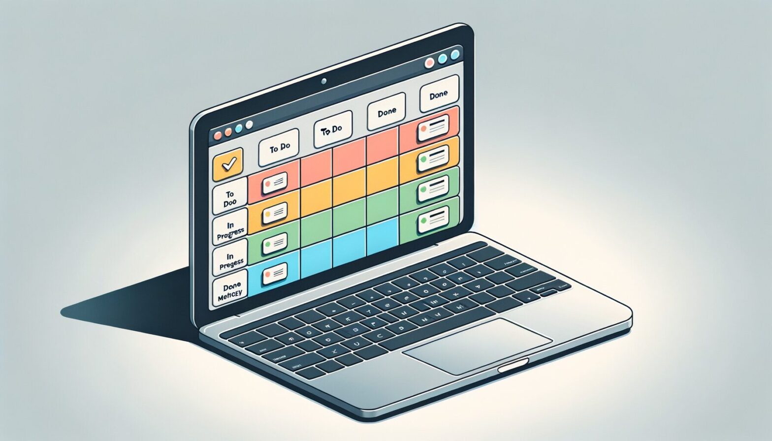 A minimalist digital illustration showing a clean, modern Kanban board interface on a laptop screen with colourful task cards arranged neatly in columns labelled 'To Do', 'In Progress', and 'Done'. The background is soft grey with subtle shadows highlighting the screen’s clarity and simplicity.