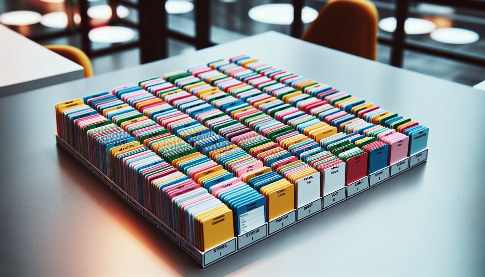A close-up photograph of a traditional T-Card board filled with colourful cards arranged neatly in rows and columns, capturing the tactile and visual nature of this organisational system in a busy workplace environment.