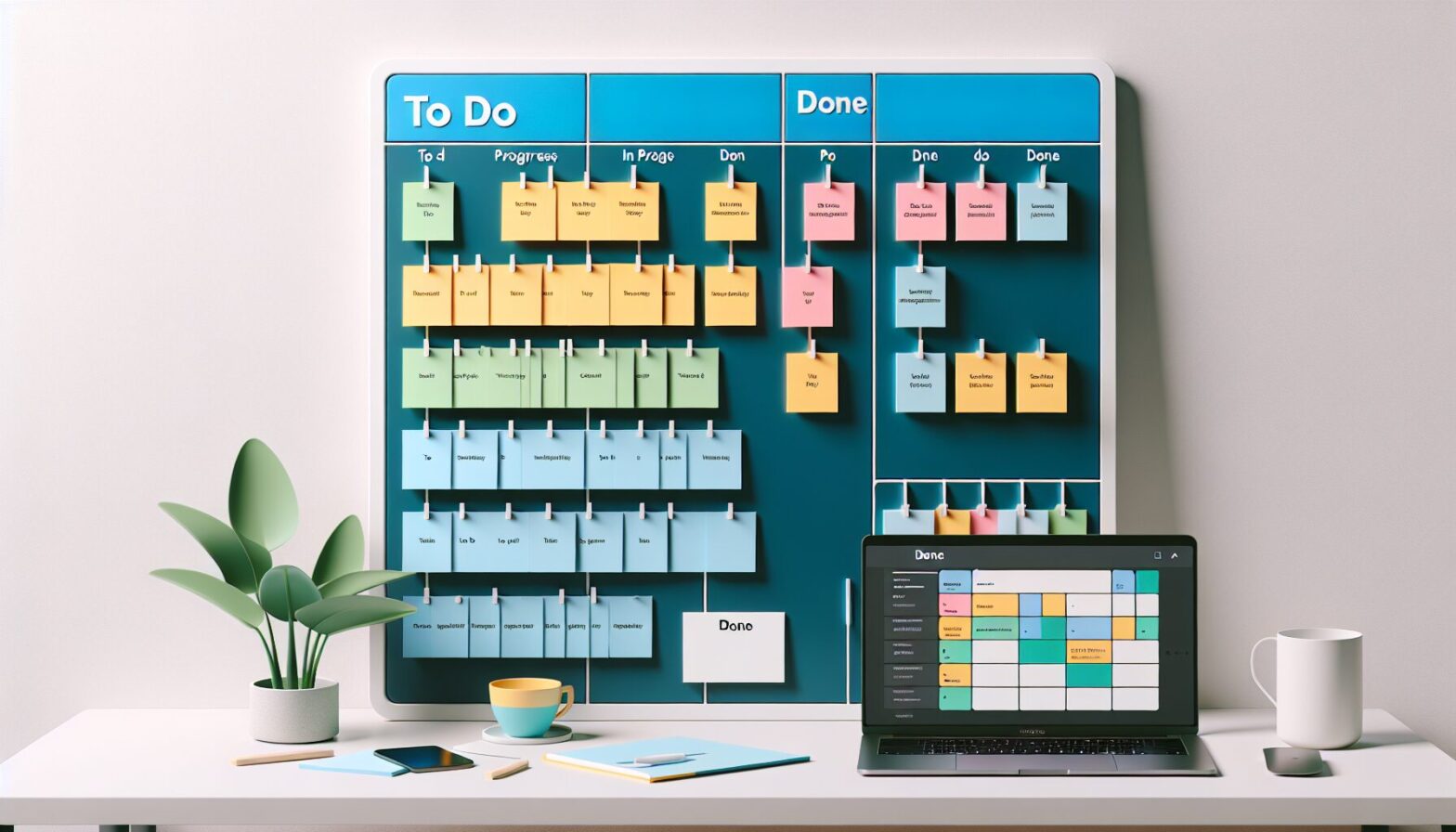 A modern workspace featuring a colourful T-Card board on the wall with various task cards organised in columns labelled 'To Do', 'In Progress', and 'Done', alongside a laptop displaying a digital T-Card app interface.