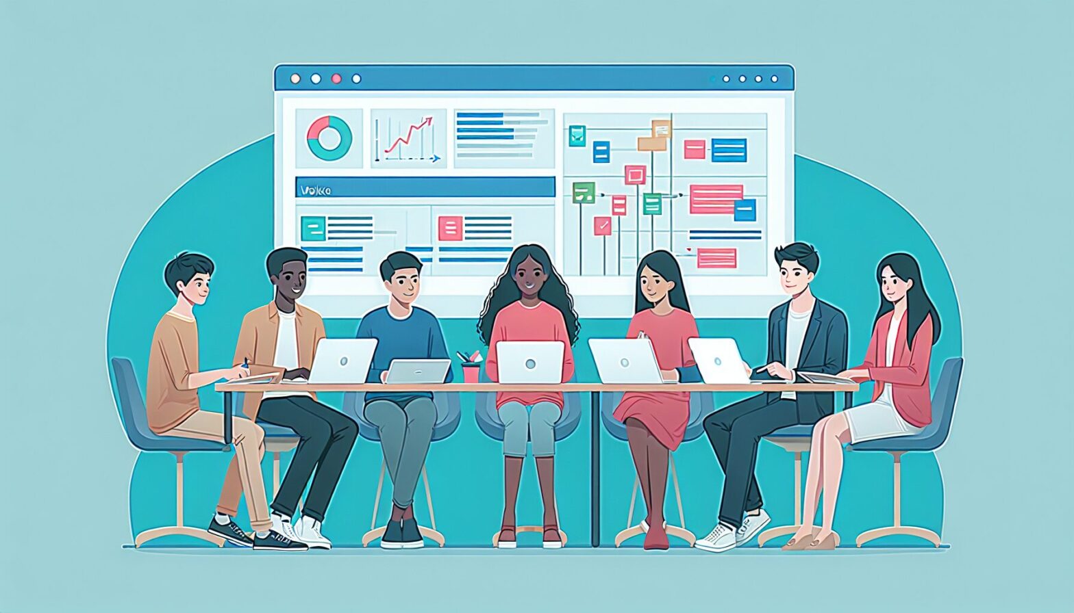 A diverse group of students sitting around a table with laptops and tablets open, actively discussing a project while a large screen displays a colourful digital project management dashboard with timelines, tasks, and collaboration notes.