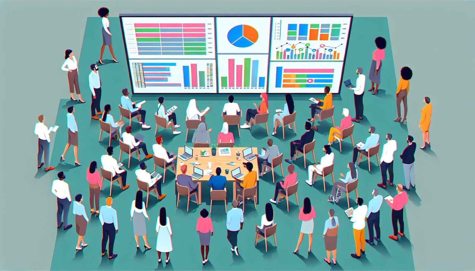 A vibrant workspace showing a diverse team gathered around a large screen displaying a colourful spreadsheet dashboard with charts and timelines, illustrating collaborative planning in action.