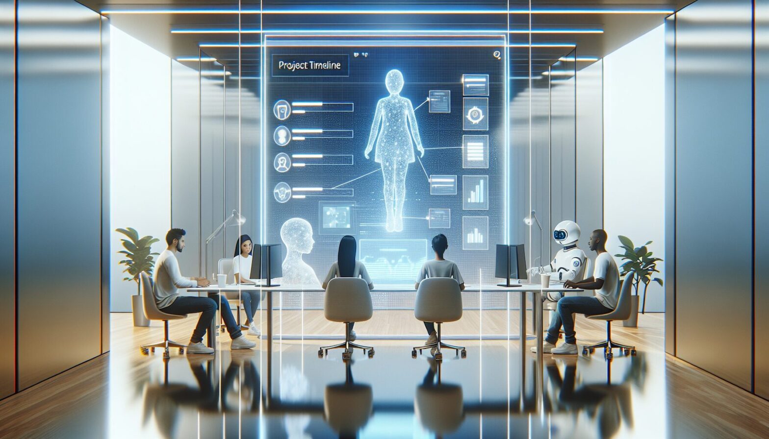 A futuristic digital workspace showing a diverse remote team collaborating via holographic project timelines and AI-powered assistants visible on transparent screens.