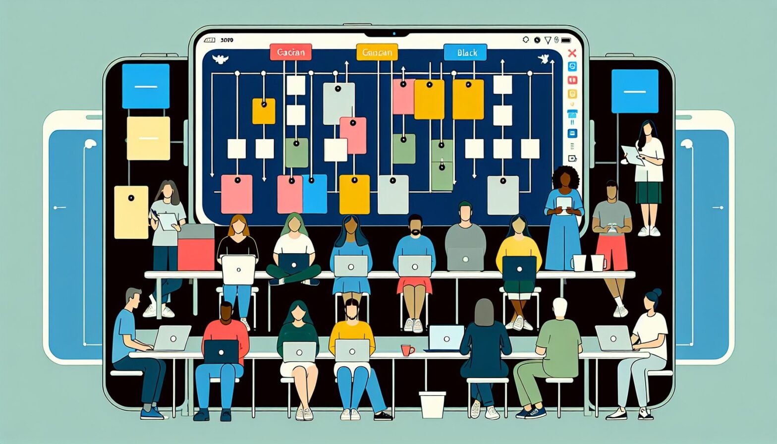 A diverse group of people collaborating remotely around a large digital Kanban board displayed on multiple devices such as laptops, tablets, and smartphones, with colourful task cards representing various projects in progress.