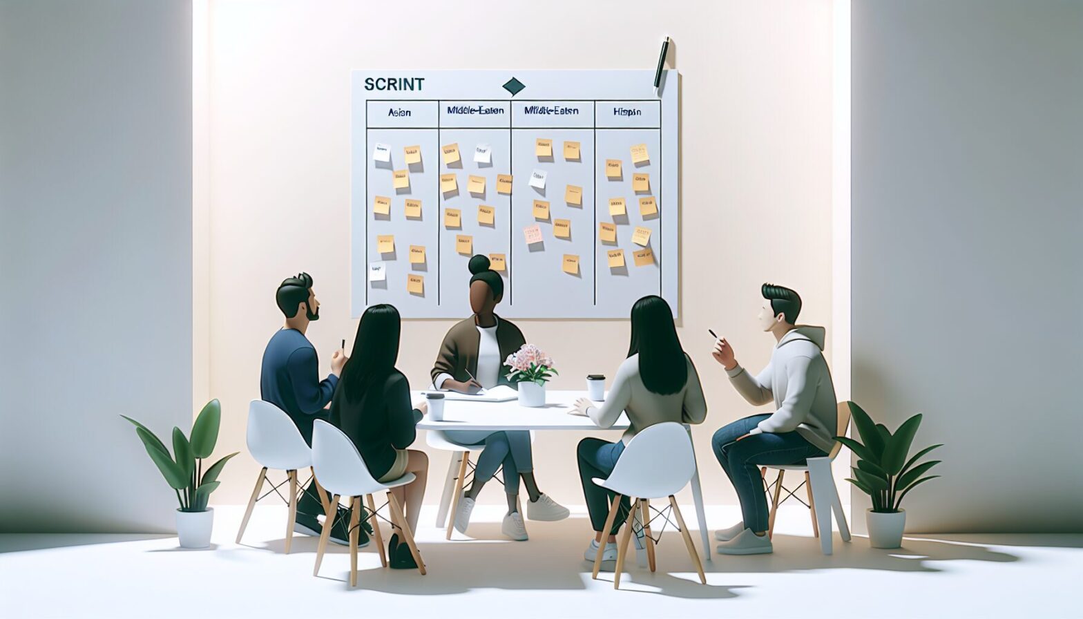 A diverse team collaborating around a whiteboard covered with sticky notes representing different sprint tasks, with a Scrum Master facilitating the discussion in a bright, modern office setting.