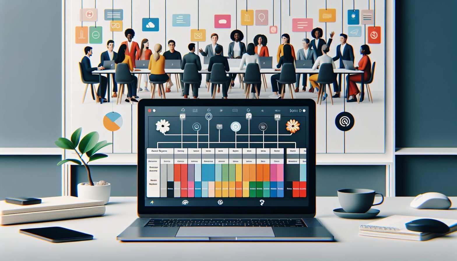 A modern digital workspace showing an online T-card system interface on a laptop screen, with colourful task cards arranged in columns representing different workflow stages. The background includes diverse team members collaborating via video call, illustrating remote teamwork.