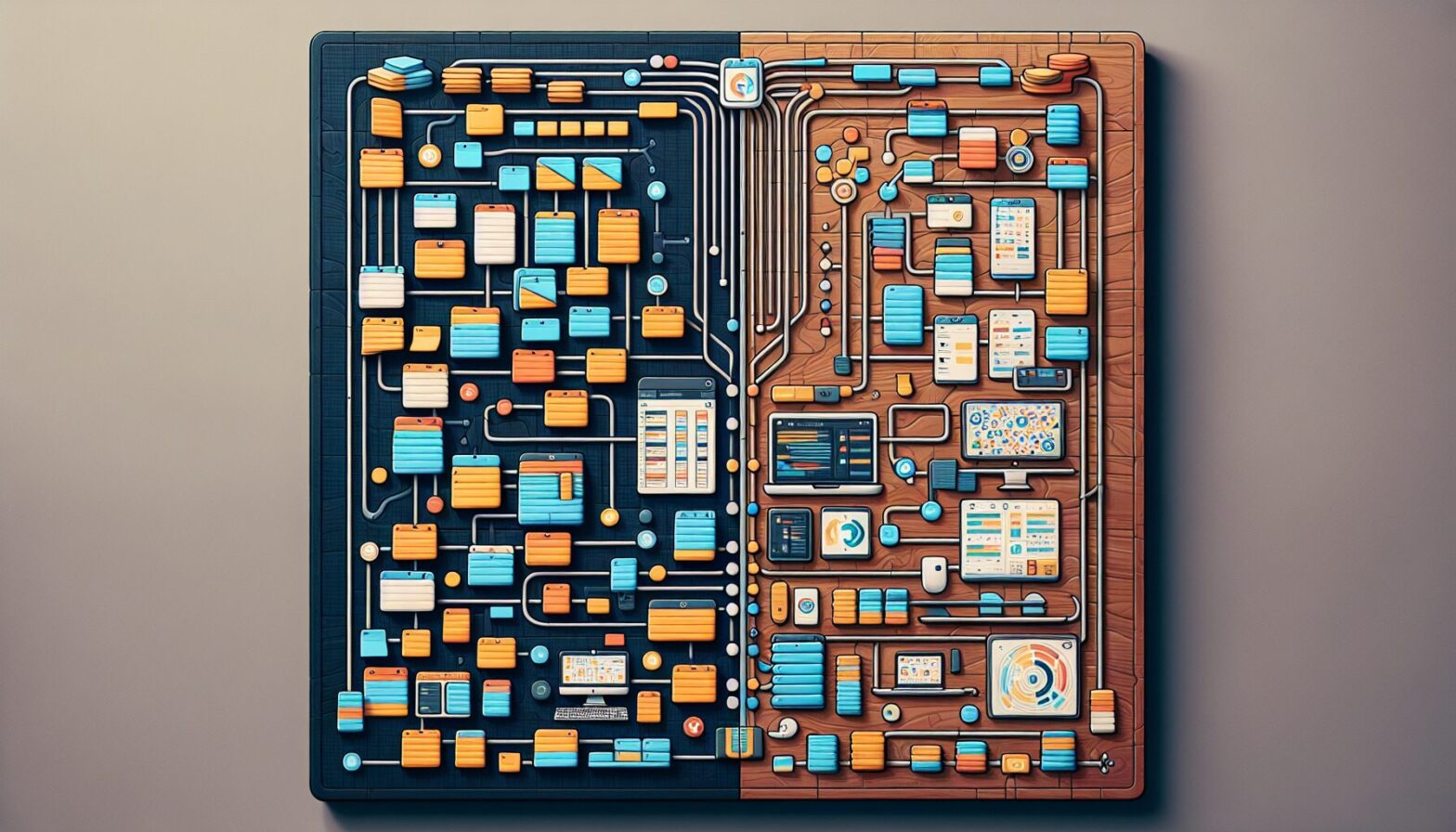 A side-by-side visual comparison showing a traditional physical T-card board alongside a sleek digital interface of an online T-card system, with Trello and Favro boards faintly visible in the background to illustrate the evolution from physical to digital task management.