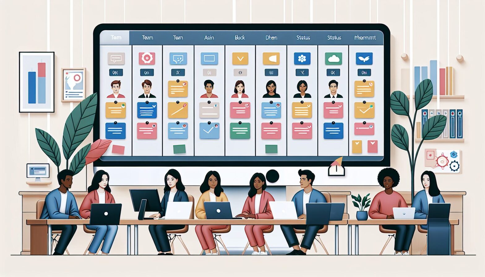 A modern digital workspace showing a clean online T-card board on a computer screen, with colourful task cards arranged neatly under different status columns, surrounded by team members collaborating via video call.