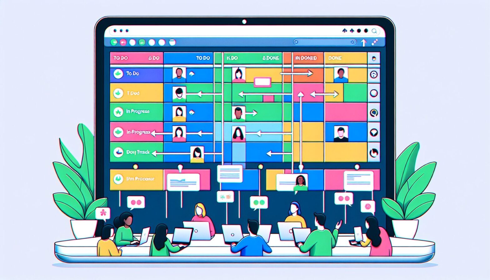 A colourful digital Kanban board displayed on a laptop screen with various task cards in different columns representing stages such as 'To Do', 'In Progress', and 'Done', surrounded by diverse team members collaborating remotely via video call.