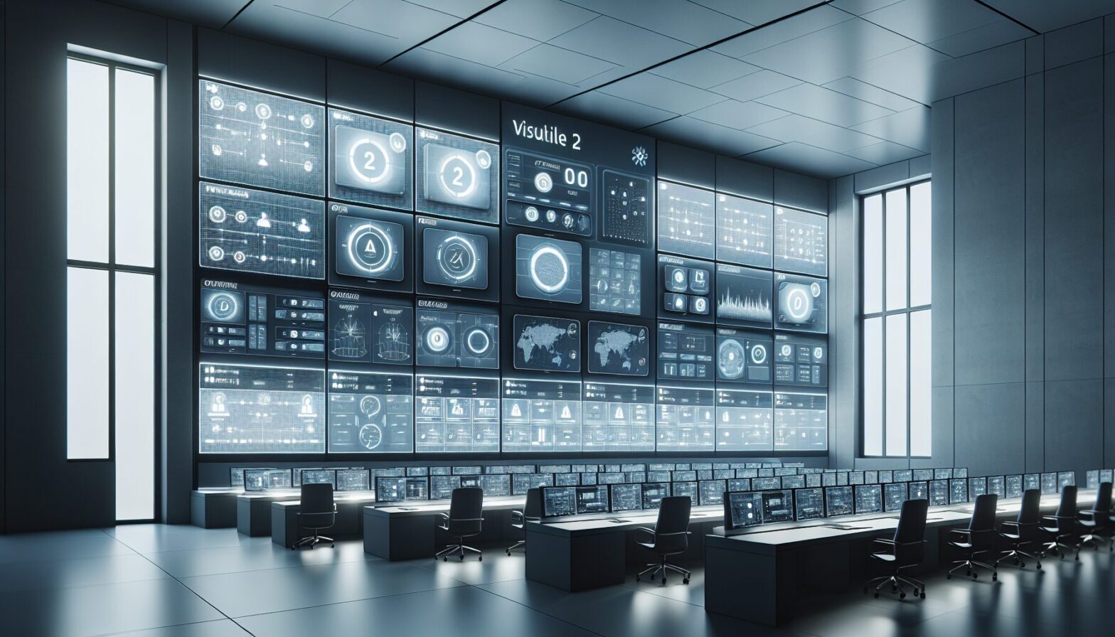 A modern construction site control room with multiple screens displaying a digital T card dashboard showing worker locations, task assignments, and safety alerts in real time.