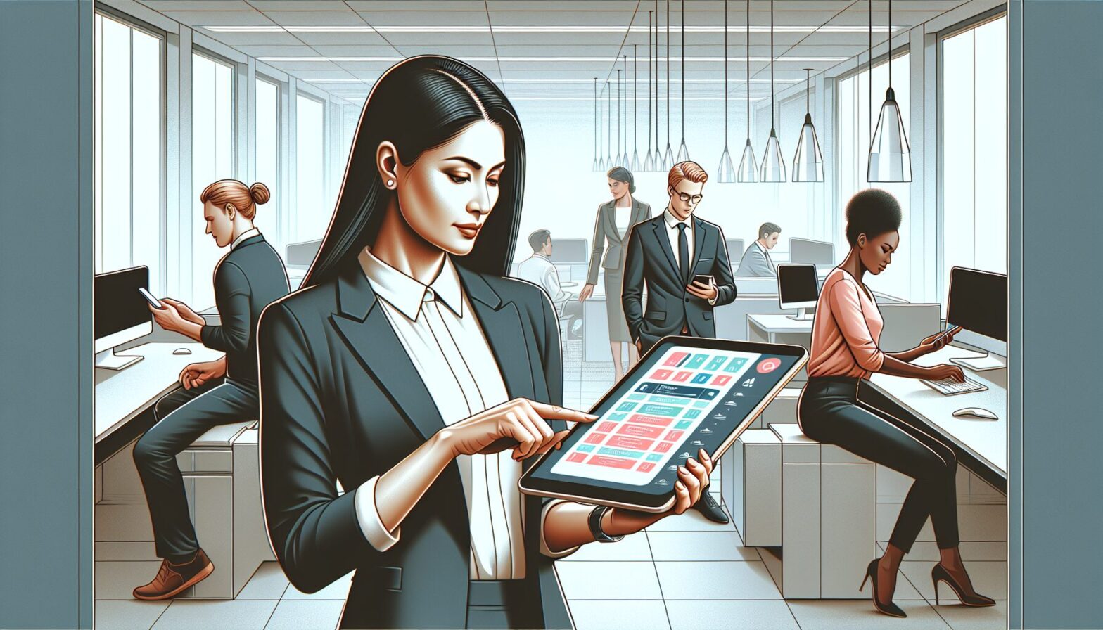 A modern office setting showing a manager using a tablet displaying electronic T card software interface with colourful shift schedules, while employees interact on mobile devices nearby.