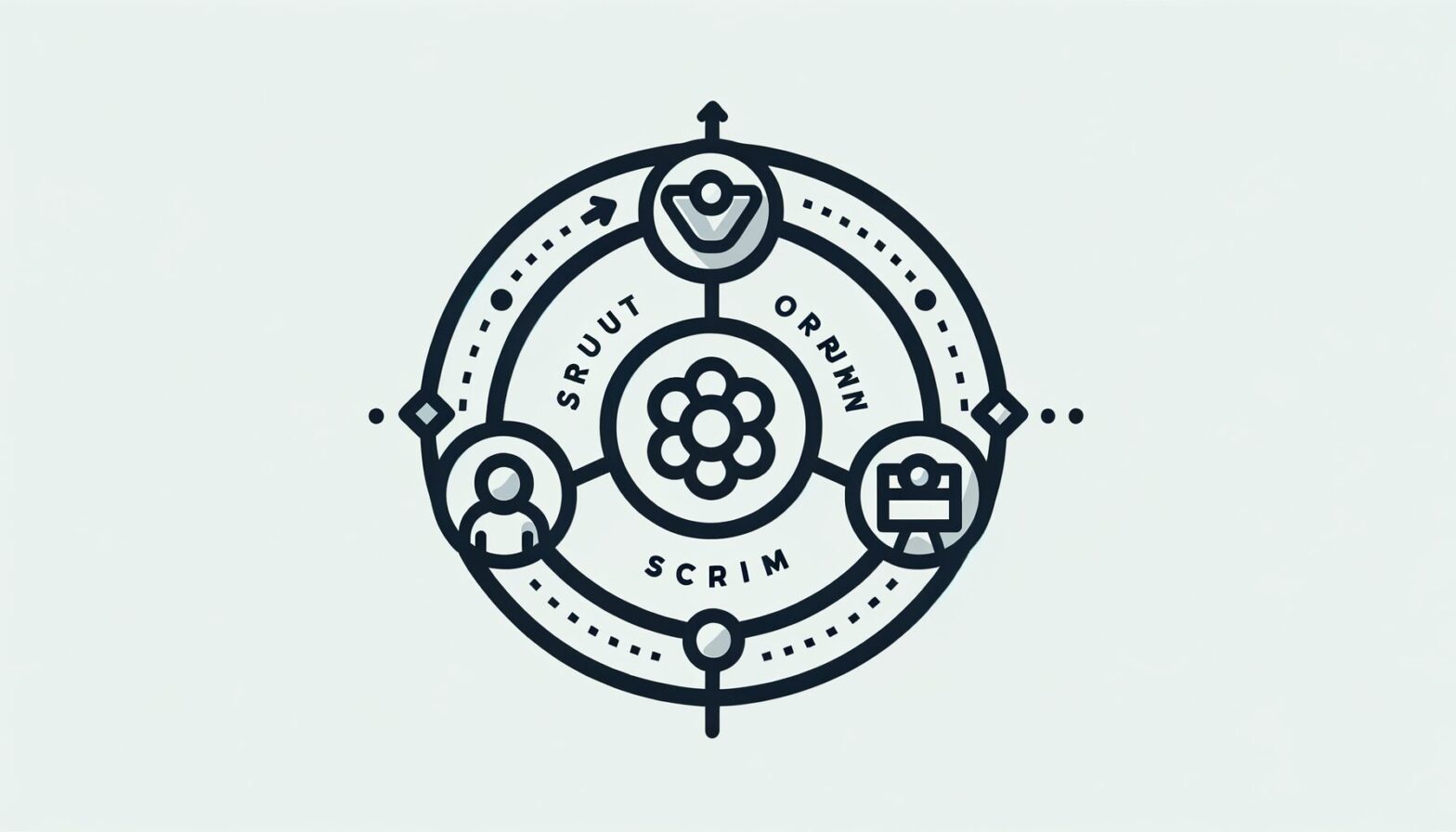 A minimalist image showing a circular diagram representing the Scrum framework with icons for roles (Product Owner, Scrum Master, Development Team) around a central sprint cycle symbolising iterative progress.