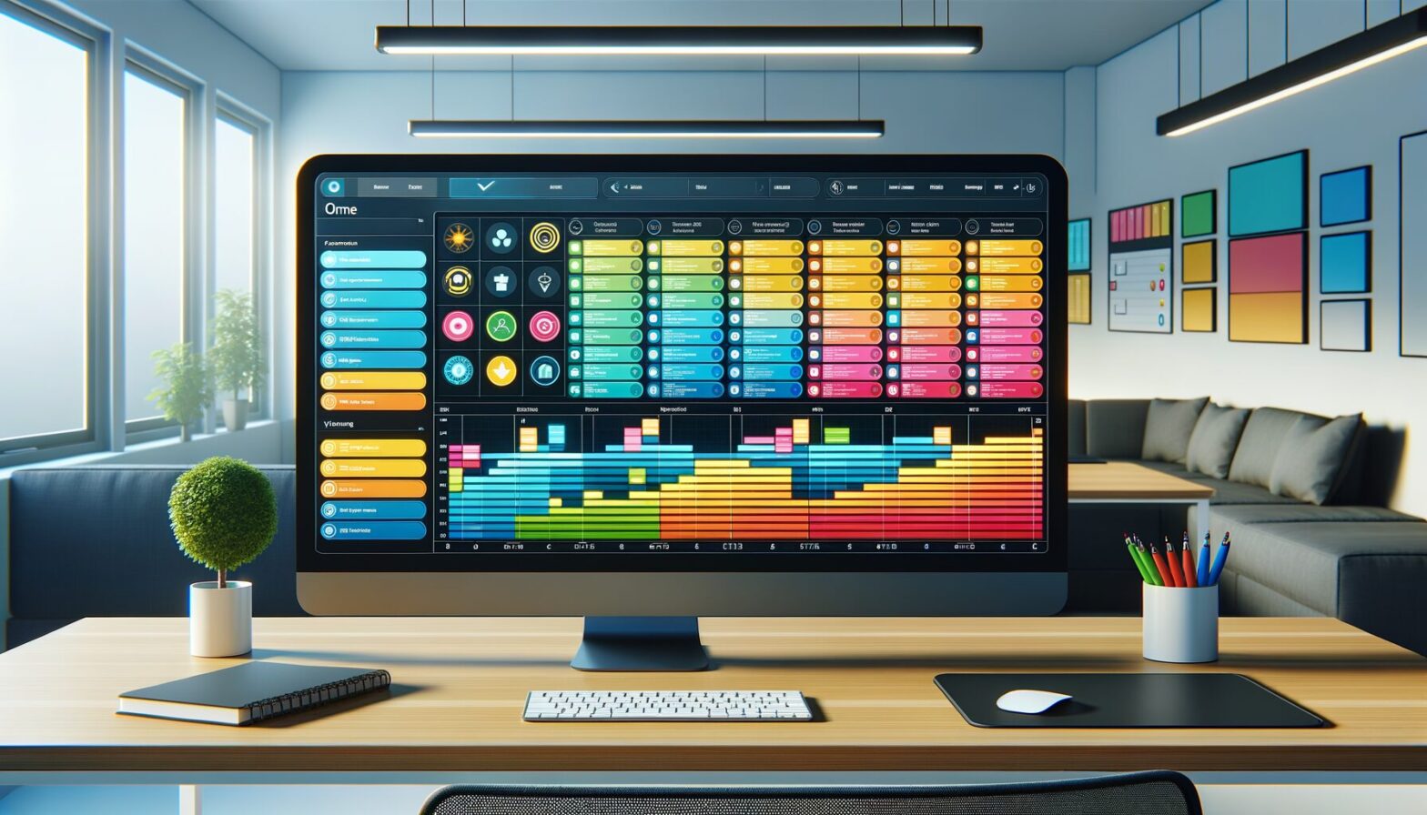 A minimalist digital dashboard displaying colourful virtual T-Cards arranged neatly on a timeline grid, symbolising organised project planning in a clean and modern workspace environment.