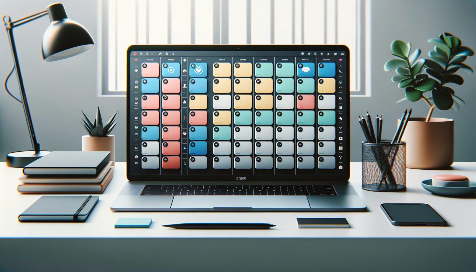 A minimalist workspace image showing a clean digital task board on a laptop screen with simple colourful cards arranged in columns, representing an online T-card system interface.