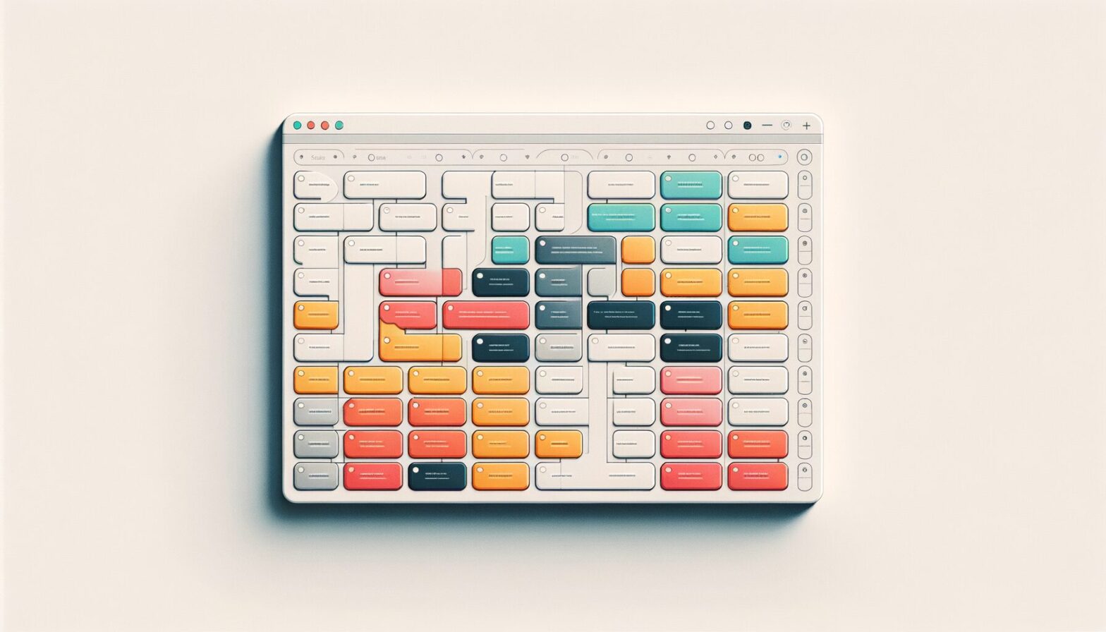 A minimalist digital illustration showing a clean online task board with colourful rectangular cards arranged in columns representing stages of work, against a subtle white background to emphasise clarity and simplicity.