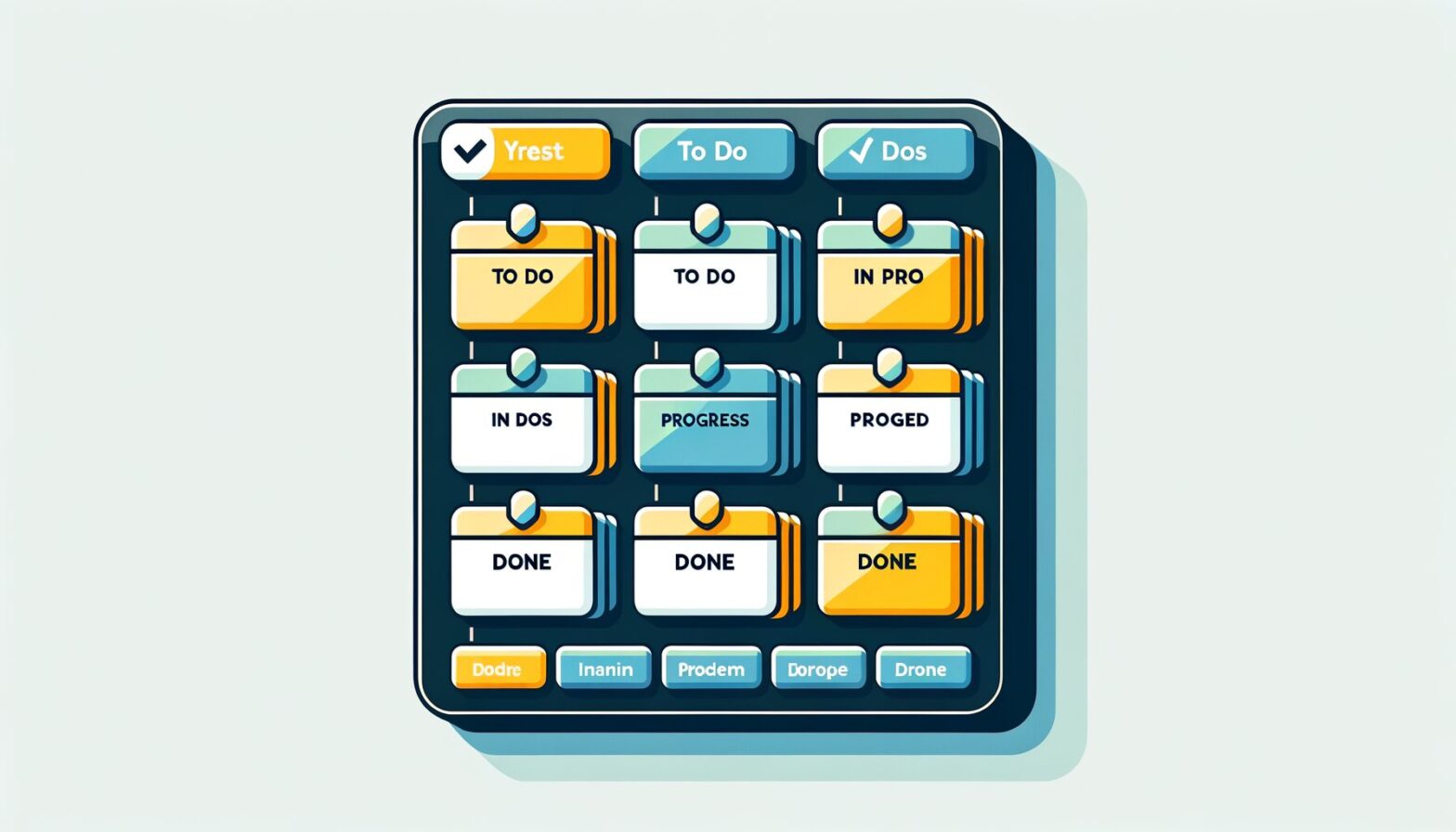 A minimalist digital illustration showing a clean Kanban-style board with colourful rectangular cards neatly arranged in columns labelled 'To Do', 'In Progress', and 'Done'. The interface is sleek and uncluttered, emphasising simplicity and ease of use.