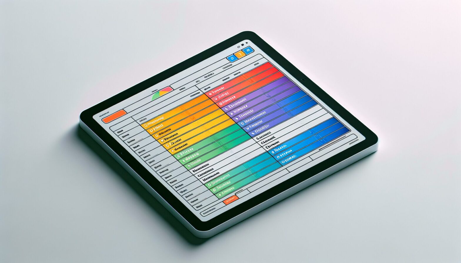 A minimalist image depicting a digital tablet screen displaying a colourful, organised digital T card board with shift schedules and employee names clearly visible against a clean white background.