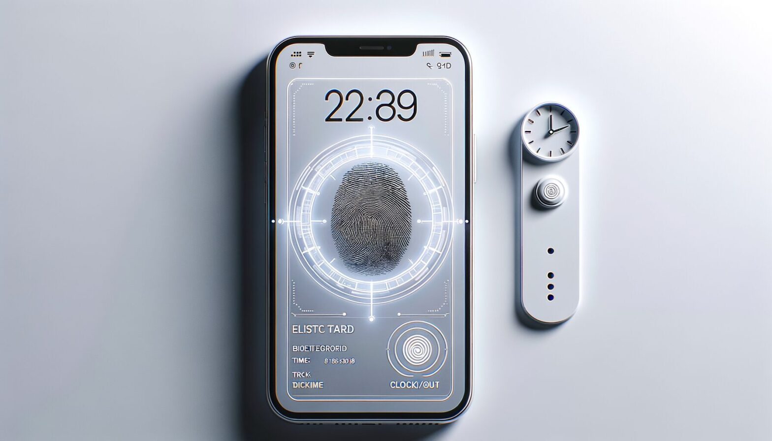 A minimalist image showing a sleek smartphone displaying a digital Tcard interface with biometric fingerprint iconography and a clock-in/out button against a clean white background.