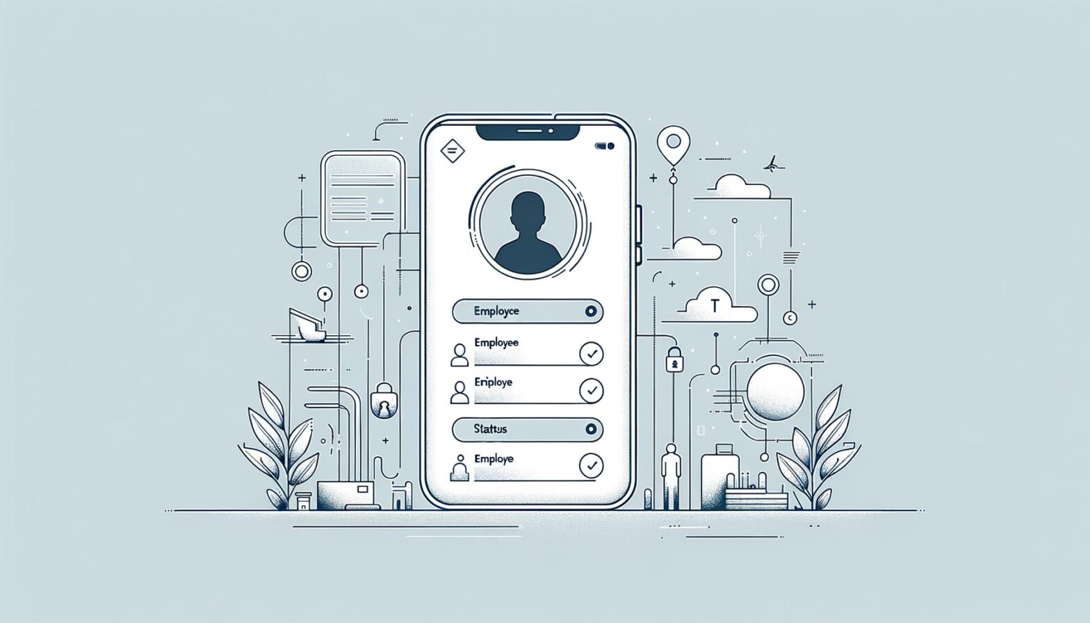 A minimalist illustration showing a smartphone displaying a digital T card interface with employee names and status indicators, set against a clean background featuring subtle construction site elements like helmets and scaffolding outlines.