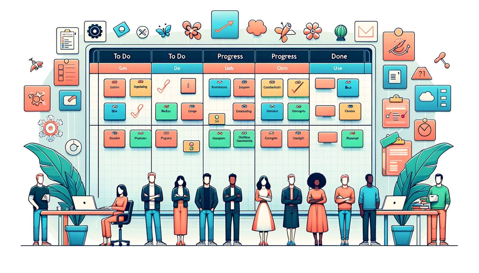 A minimalist digital illustration showing a clean online Scrum board interface with columns labelled 'To Do', 'In Progress', and 'Done', featuring colourful task cards and user avatars indicating collaboration.
