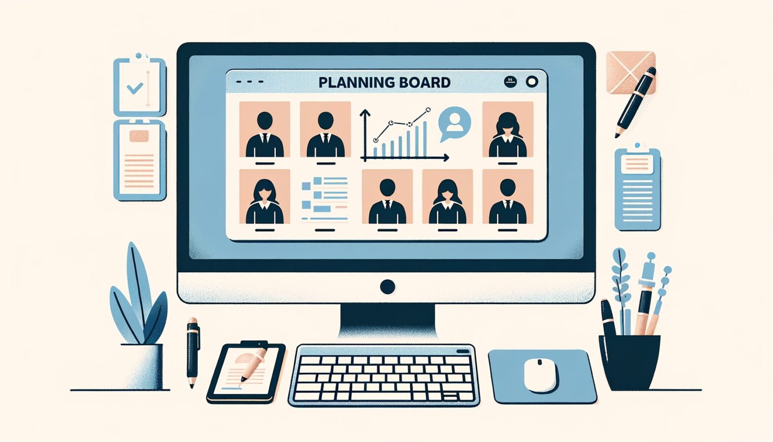 A minimalist illustration showing a computer screen displaying a virtual planning board meeting interface with icons representing people connected remotely via video call, symbolising modern digital collaboration.