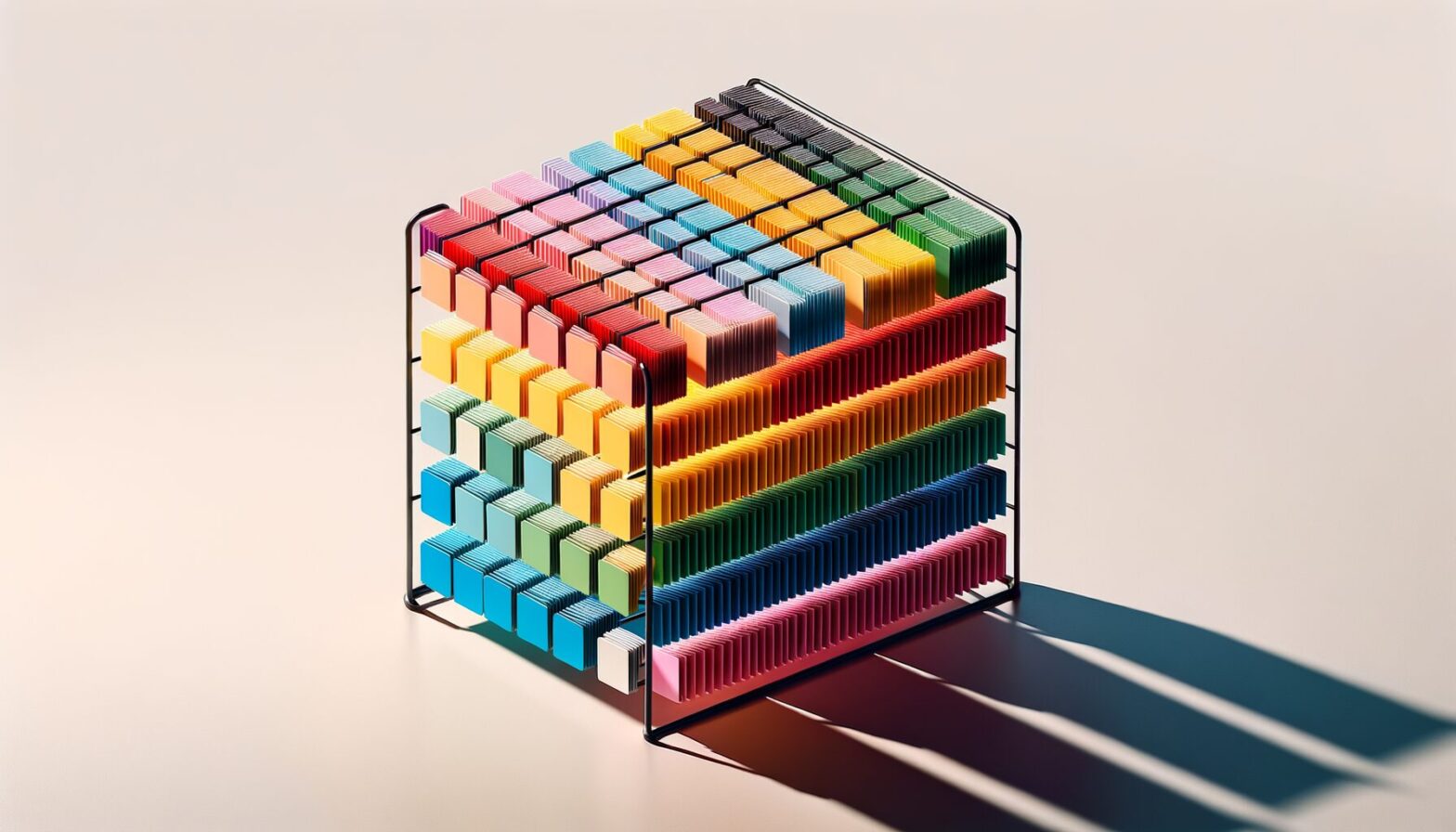 A minimalist image showing a neat rack filled with colourful T-cards organised in rows, highlighting the simplicity and clarity of this visual task management tool.