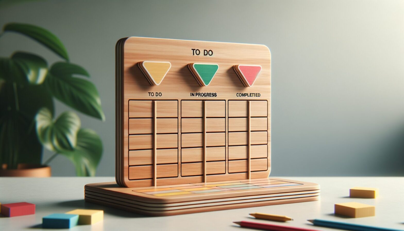 A minimalist image showing a wooden project board with neatly arranged colourful T-Cards pinned under columns labelled 'To Do,' 'In Progress,' and 'Completed.' The background is softly blurred to focus attention on the tactile organisation system.