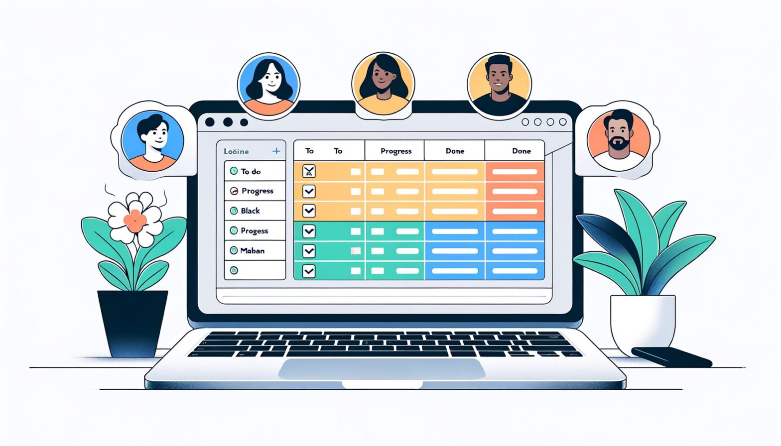 A minimalist illustration depicting a laptop screen displaying a colourful online project management dashboard with task cards arranged in columns labelled 'To Do', 'In Progress', and 'Done', surrounded by icons representing remote team members collaborating via video calls and chat.