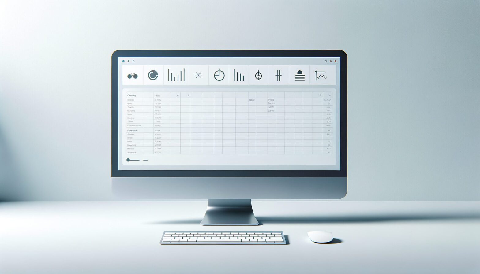 A minimalist image showing a clean computer screen displaying a modern spreadsheet interface with collaborative icons and simple graphs, set against a light background symbolising clarity and efficiency.
