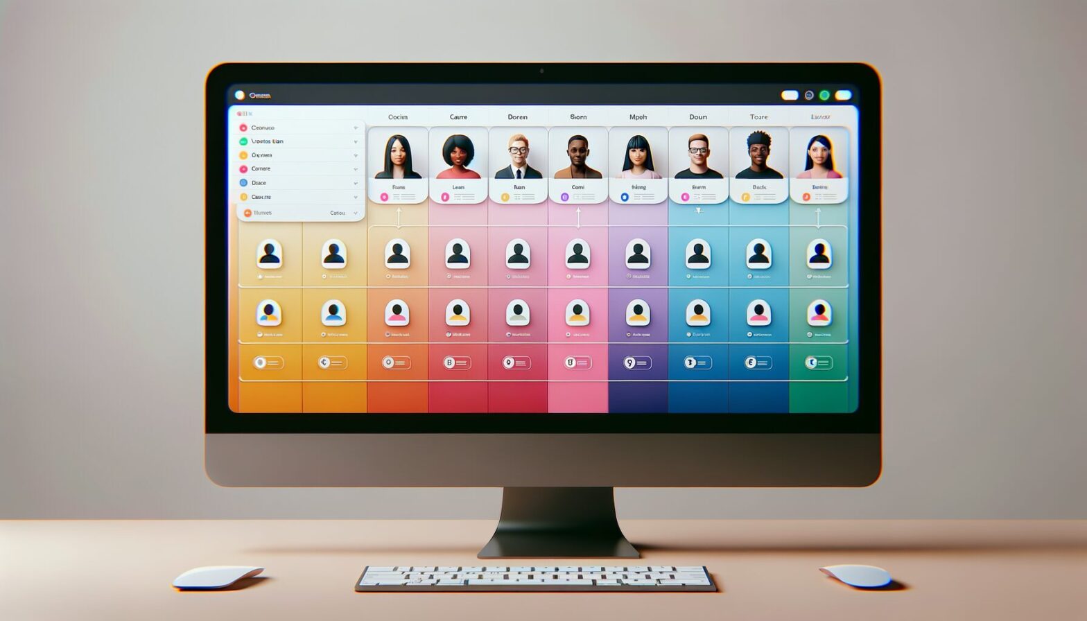 A minimalist digital workspace showing a clean interface with colourful task cards arranged on a virtual kanban board. The background is neutral with subtle gradients, highlighting collaborative elements like avatars and real-time notifications.