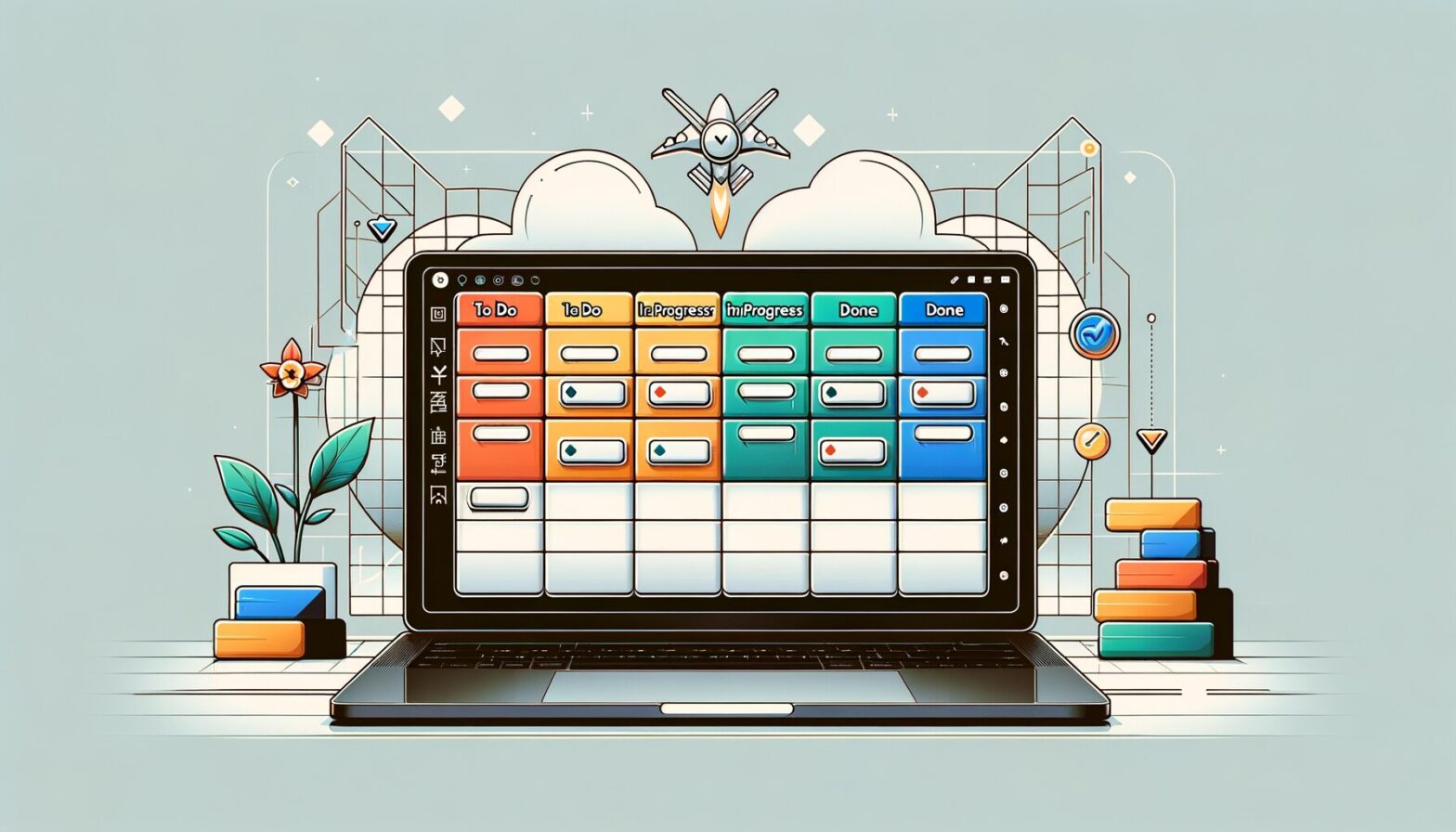 A minimalist digital illustration featuring a clean online Kanban board displayed on a sleek laptop screen. The board shows colourful columns labelled To Do, In Progress, and Done with task cards neatly arranged under each category. The background is simple with subtle tech-inspired geometric shapes, emphasising clarity and organisation.