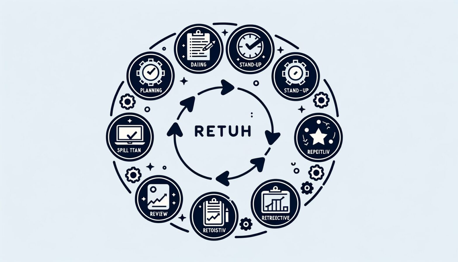 A minimalist illustration showing a circular workflow with icons representing Scrum ceremonies: sprint planning, daily stand-up, sprint review, and retrospective, connected by arrows to signify continuous iteration.