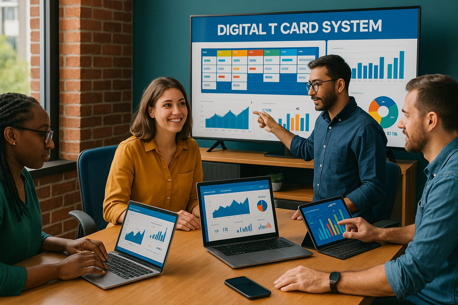 A vibrant photograph showcasing a modern office environment where employees engage with digital devices displaying the Digital T Card System interface. The scene includes diverse team members collaborating around a digital screen, highlighting graphs and data analytics while surrounded by an array of technological gadgets, illustrating a dynamic workspace focused on innovation and efficiency.