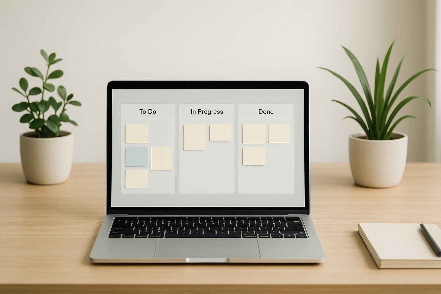 A minimalist workspace featuring a sleek laptop on a wooden desk, with a digital Kanban board displayed on the screen. The background is softly blurred with potted plants and a notebook, evoking a sense of calm and productivity.