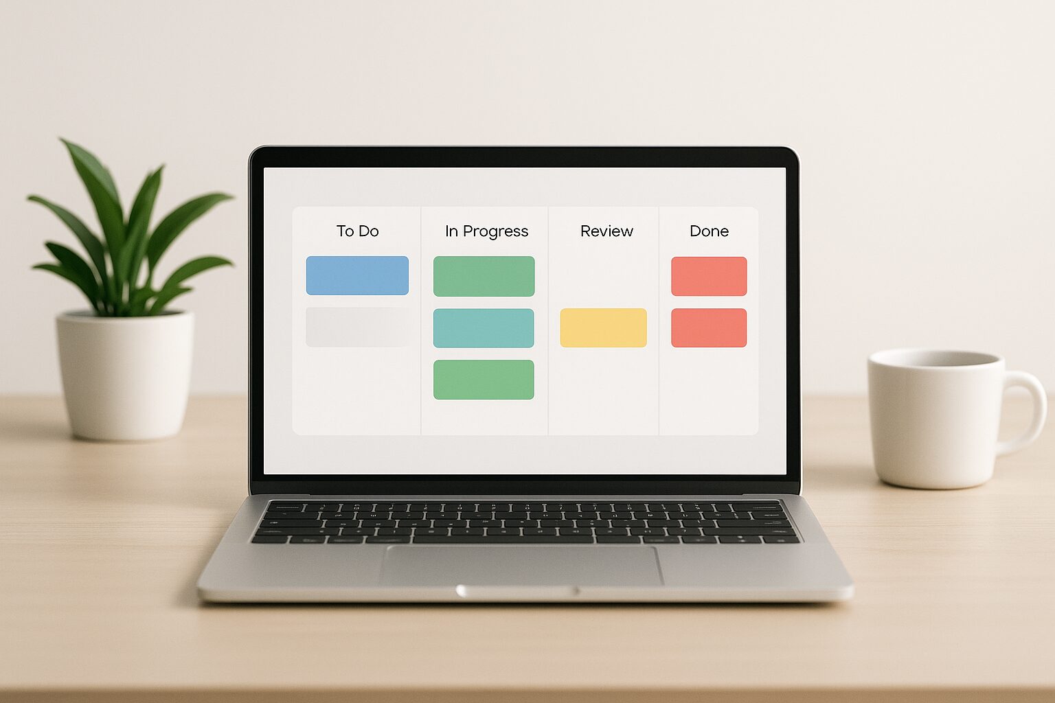 A minimalist image showcasing a sleek digital Kanban board displayed on a modern laptop screen. The background is softly blurred to focus on the board, which features vibrant coloured cards representing different tasks. The workspace is tidy and well-organised, with a plant and coffee cup adding a touch of warmth.